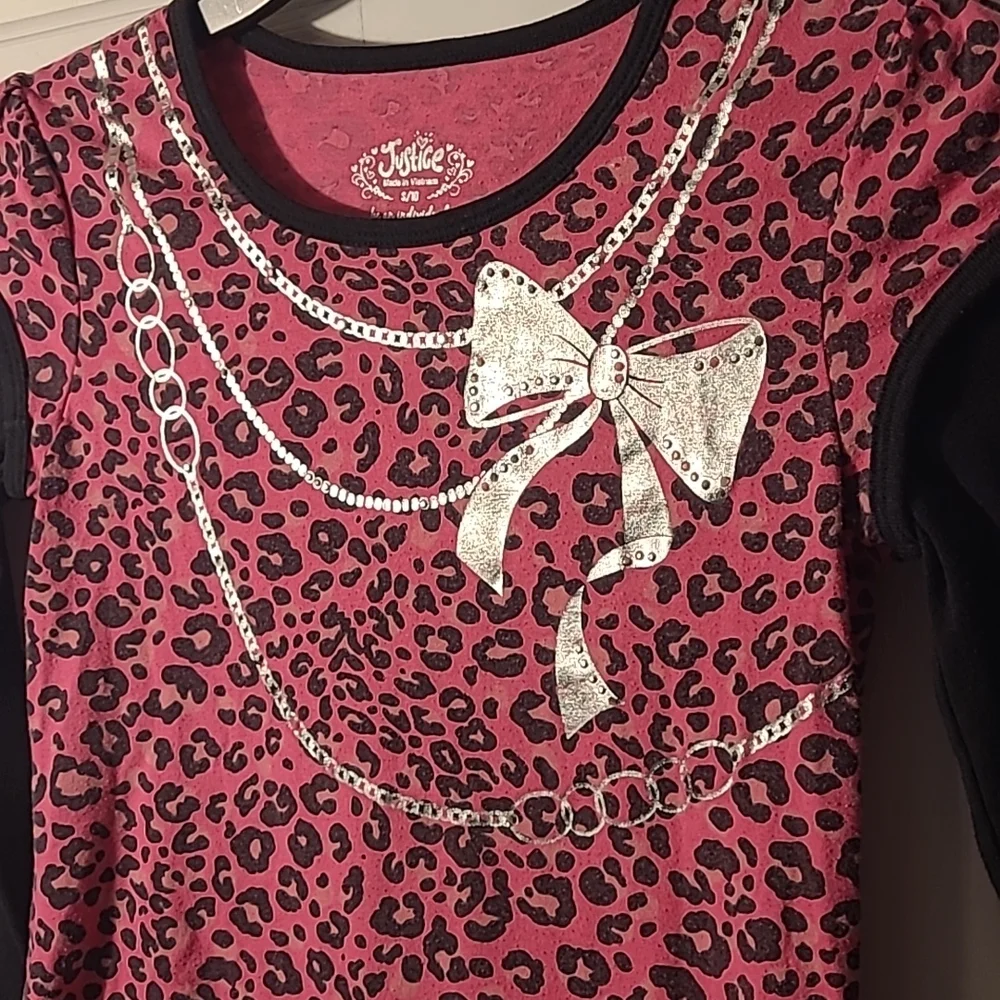 Justice Girls size 10 pink and black animal print sparkly necklace ruffled shirt